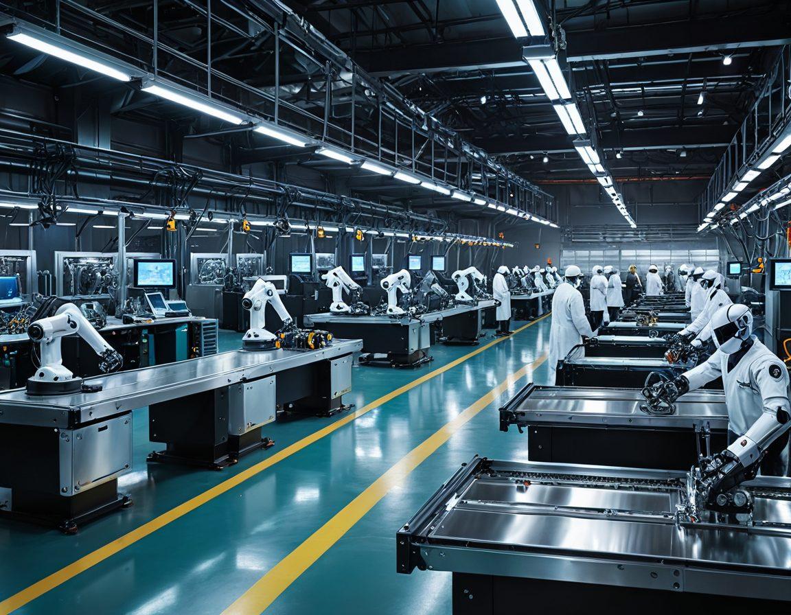 A futuristic factory bustling with advanced machinery, showcasing robots and workers collaborating seamlessly in metal production. Include intricately designed metal components, with a glowing holographic display of innovative manufacturing processes. The scene should convey transformation and progress, with a sleek and high-tech look. super-realistic. vibrant colors. an industrial background.